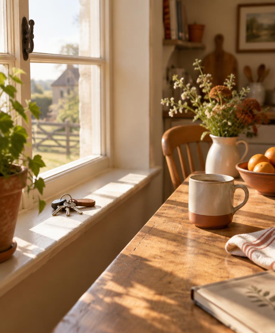 House keys resting on a sunlit farmhouse windowsill